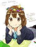  1girl :p blush brown_eyes brown_hair confetti elbow_rest hair_ornament hairclip hat hirasawa_yui k-on! lying nasuna on_stomach paper_chain party_hat pillow school_uniform short_hair smile tongue tongue_out 