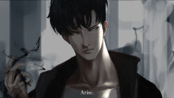  1boy ajramos_428 artist_name black_hair black_jacket blue_eyes blunt_bangs closed_mouth crew_neck english_text highres hood hood_down hooded_jacket jacket looking_at_viewer male_focus portrait shirt short_hair solo solo_leveling sung_jin-woo white_shirt 