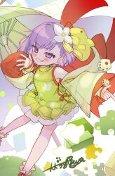 0kami_89zo 1girl absurdres blush dice dress fate/grand_order fate_(series) flat_chest green_dress highres kazuradrop_(fate) kazuradrop_(third_ascension)_(fate) looking_at_viewer oil-paper_umbrella purple_hair short_hair smile smug solo umbrella violet_eyes 
