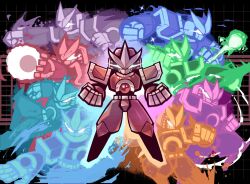  1boy absurdres amacyder armor attack_trail black_background clenched_hands commentary energy_ball english_commentary flying_kick gameplay_mechanics gravity_circuit highres humanoid_robot kai_(gravity_circuit) kicking looking_at_viewer male_focus multiple_views official_alternate_color open_hand paint_splatter punching robot shoulder_armor sliding spinning white_eyes 