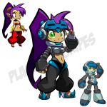  baggy_pants beck_(mighty_no._9) dark_skin green_eyes harem_pants helmet kickstarter long_hair mighty_no._9 navel navel_cutout plague_of_gripes pointy_ears pointy_shoes ponytail purple_hair salute shantae shantae:_half-genie_hero shantae_(character) small_breasts very_long_hair watermark 