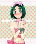  1girl akimoto_komachi blush bow green_eyes green_hair hair_bow happy_birthday kagami_chihiro naked_ribbon navel polka_dot polka_dot_background precure ribbon short_hair smile solo yes!_precure_5 