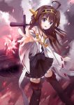  1girl ahoge brown_hair detached_sleeves hairband japanese_clothes kantai_collection kongou_(kantai_collection) long_hair machinery nontraditional_miko open_mouth personification solo thighhighs toritori_(yakitoriya) violet_eyes wide_sleeves 