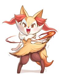  1girl animal_feet animal_nose black_fur blush body_fur braixen digitigrade fire fox_tail furry furry_female highres holding holding_stick multicolored_fur neck_fur pokemon pokemon_(creature) simple_background snout stick tail tory_(tory29) white_background white_fur yellow_fur 