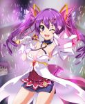  2girls ;d aisha_(elsword) bin1998 breasts cleavage crescent_hair_ornament dual_persona elsword gloves hair_ornament hairclip long_hair microphone multiple_girls open_mouth pointing purple_hair skirt smile twintails violet_eyes wink 