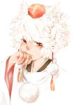  1girl animal_ears blush close-up hand_to_own_mouth hat inubashiri_momiji messy_hair red_eyes short_hair simple_background solo tohya tokin_hat touhou white_background white_hair wolf_ears 