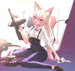  1girl :3 :d ace_(playing_card) ace_of_hearts animal_ear_fluff animal_ears annytf artist_name between_fingers black_hat black_jacket black_shoes bow bowtie breasts card collared_shirt commentary demon_tail double-parted_bangs finger_on_trigger fingernails fox_ears full_body gradient_hair gun hair_between_eyes hair_ornament hand_up hat hat_bow heart heterochromia high-waist_pants high_heels high_ponytail highres holding holding_card holding_gun holding_weapon indie_virtual_youtuber jacket long_hair medium_breasts multicolored_hair open_mouth pants pink_bow pink_bowtie pink_eyes pink_hair pink_streaks playing_card playing_card_hat_ornament ponytail popped_collar purple_pants shirt shoes sitting sleeves_pushed_up smile solo star_(symbol) star_hair_ornament streaked_hair submachine_gun suspenders tail thompson_submachine_gun three-quarter_sleeves umikachi underbust untranslatable_commentary unworn_headwear unworn_jacket violet_eyes virtual_youtuber wariza weapon white_hair white_shirt 