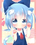  1girl :3 akisha animal_ears blue_eyes blue_hair bow cat_ears cat_tail cirno dress hair_bow heart ice kemonomimi_mode looking_at_viewer short_hair smile solo tail touhou wings 