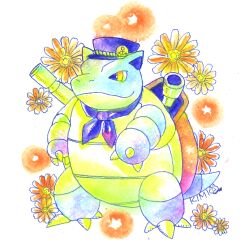  blastoise blue_neckerchief claws daisy_(flower) flower full_body greenaokimi hat highres neckerchief no_humans nostrils painting_(medium) peaked_cap pokemon pokemon_(creature) signature simple_background solo traditional_media watercolor_(medium) white_background yellow_eyes 