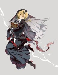  1boy bible_(object) black_boots black_headdress black_robe blonde_hair book boots braid crossdressing crossdressing_(mtf) edward_elric floating full_body fullmetal_alchemist grey_background highres holding holding_book male_focus nun nun_headdress parted_bangs robe single_braid solo traditional_nun twintails xue_ezi yellow_eyes 