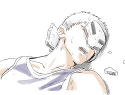  1boy bleach broken_mask commentary_request dashimaki_(konbukahamusuta) drooling highres hollow_mask lying male_focus mask muguruma_kensei on_back portrait purple_tank_top solo sweat tank_top white_hair 