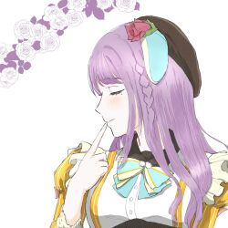  1girl 6th_live_dream_~bloom_garden_party~ animal_ear_headwear animal_ears blue_bow blue_bowtie bow bowtie braid closed_mouth commentary_request dress fake_animal_ears finger_to_mouth floppy_ears floral_background flower fushigi_to_kimi_to_library hanamiya_nina hat hat_flower highres juliet_sleeves long_sleeves lop_rabbit_ears love_live! love_live!_hasu_no_sora_jogakuin_school_idol_club mole mole_under_eye profile puffy_sleeves rabbit_ear_headwear rabbit_ears real_life red_flower side_braid smile solo upper_body voice_actor white_background yellow_dress yukinoshita_(2nd_flushu) 