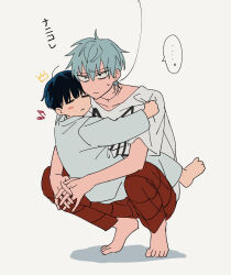  ... 2boys alien_stage black_hair blush_stickers carrying carrying_person closed_eyes commentary_request eighth_note green_eyes grey_hair ivan_(alien_stage) kyokutsuki male_focus multiple_boys musical_note pants red_pants shirt short_hair single_blush_sticker spoken_ellipsis squatting till_(alien_stage) translation_request very_short_hair white_shirt 