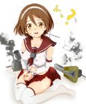  1girl brown_eyes brown_hair burnt_clothes detached_sleeves dirty headband kantai_collection natori_(kantai_collection) open_mouth personification pleated_skirt school_uniform serafuku short_hair sitting skirt smile smoke solo tears thighhighs wariza 