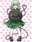  1girl blush bow fang green_eyes green_hair hat hat_bow highres holding holding_hat komeiji_koishi solo touhou yuran_(kuen-hien) 