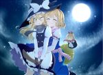  2girls ^_^ alice_margatroid blonde_hair blush broom broom_riding bwell closed_eyes clouds full_moon hairband hat kirisame_marisa long_hair moon multiple_girls night night_sky scarf shanghai_doll short_hair sky smile touhou wink witch_hat yellow_eyes 