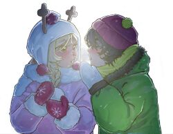  1girl 1other antlers beanie black_hair blonde_hair closed_eyes coat commentary deer_antlers deer_girl deltarune earflap_beanie english_commentary furry furry_female green_coat hat highres horns kris_(deltarune) mittens noelle_holiday pink_coat pom_pom_(clothes) pom_pom_beanie puff_of_air red_mittens softngentle utdr_(toby_fox) white_mittens winter_clothes 