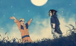  2boys black_hair blonde_hair blue_headband blue_shirt closed_eyes detached_sleeves facial_mark full_moon hand_in_pocket haruiro_(hrm_ino) headband highres jumpsuit male_focus moon multiple_boys naruto_(classic) naruto_(series) open_mouth orange_jumpsuit outdoors outstretched_arms parted_bangs shirt short_hair shorts smile spiky_hair standing uchiha_sasuke uzumaki_naruto whisker_markings white_shorts white_sleeves 