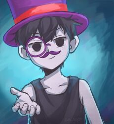  1boy artist_name black_eyes black_hair black_tank_top closed_mouth collarbone colored_skin commentary double-parted_bangs english_commentary fake_facial_hair fake_mustache hair_between_eyes hat highres hiyon_(sun_hiyon) looking_at_viewer male_focus monocle omori omori_(omori) purple_hat short_hair smirk solo tank_top top_hat tophat_ghost_(omori) white_skin 