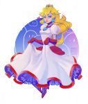 1girl blonde_hair blue_eyes breasts crown dress dress_lift earrings elbow_gloves fire_flower gloves jewelry long_dress long_hair nintendo princess_peach super_mario_bros. waterwalker98 wink