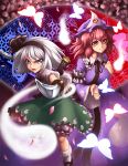  2girls hairband hat highres katana konpaku_youmu mazume multiple_girls pink_eyes pink_hair saigyouji_yuyuko short_hair silver_hair sword touhou triangular_headpiece weapon 