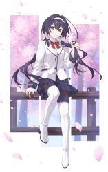  absurdres adjusting_hair against_railing black_hair black_pantyhose blue_eyes blue_skirt boots bow bowtie bungou_stray_dogs cherry_blossoms collared_shirt hair_intakes hairband highres izumi_kyouka_(bungou_stray_dogs) jacket luyue pantyhose pleated_skirt railing red_bow red_bowtie shirt skirt thigh_boots white_boots white_hairband white_jacket white_shirt 
