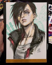  1girl arcane:_league_of_legends artist's_hand_in_frame bandaid bandaid_on_face black_hair black_jacket blue_eyes closed_mouth collarbone commentary cropped_torso ear_piercing english_commentary face_piercing facial_tattoo highres jacket league_of_legends looking_at_viewer marker_(medium) neck_tattoo nose_piercing photo_(medium) piercing signature solo stanley_lau tattoo traditional_media vi_(league) 