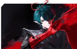  1boy absurdres arknights arknights:_endfield blue_eyes blue_hair camille_(arknights) earrings halo hand_up head_tilt highres jewelry kesamandu long_sleeves male_focus multiple_rings neck_tattoo one_eye_covered pointy_ears red_halo ring single_earring solo tattoo teeth turtleneck vampire 