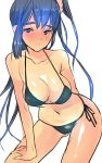  1girl bikini black_hair blue_eyes blush breasts hand_on_thigh highres hips large_breasts leaning_forward long_hair looking_at_viewer original payot rand_(artist) side-tie_bikini side_ponytail smile solo swimsuit thighs very_long_hair 