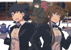  3girls absurdres black_bow black_bowtie black_dress black_hair blue_eyes blurry blurry_background borrowed_character bow bowtie breasts brown_hair capelet commentary crossdressing crossdressing_(ftm) darcy_(kaniebi) dessert dress ear_piercing earrings english_commentary food fur-trimmed_capelet fur_hat fur_trim gloves hair_intakes hat head_rest highres holding holding_tray jewelry kuonji_alice long_hair mahou_tsukai_no_yoru medium_breasts multiple_girls original papakha piercing reverse_trap sitting small_breasts stud_earrings sweatdrop traditional_bowtie tray vincent-san vinny_(vincent-san) waiter white_gloves 