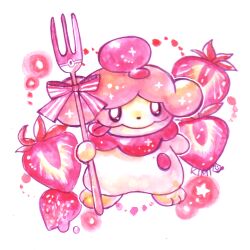  black_eyes bright_pupils food fork fruit full_body greenaokimi holding holding_fork pink_theme pokemon pokemon_(creature) ribbon signature simple_background slurpuff solo strawberry striped_ribbon tongue tongue_out white_background white_pupils 