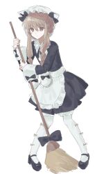  1girl black_bow blonde_hair blush bow braid dress frills full_body hat highres holding long_hair looking_at_viewer magical_girl mahou_shoujo_ikusei_keikaku mahou_shoujo_ikusei_keikaku_restart maid mob_cap nokko-chan red_eyes smile soleidekmo solo twin_braids 