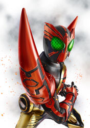  1boy armored_bodysuit batayan commentary_request compound_eyes kamen_rider kamen_rider_ooo kamen_rider_ooo_(series) kamen_rider_ooo_(tamashii_combo) looking_at_viewer male_focus o_scanner smoke solo tokusatsu 