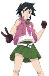  1girl belt black_hair blue_eyes gloves gundam gundam_build_fighters imai_alice midriff navel pleated_skirt satsuyo school_uniform skirt v 