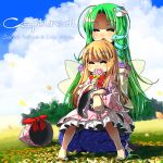  2girls barefoot blonde_hair blue_sky bow candy cape closed_eyes clouds detached_sleeves dress fairy_wings frog_hair_ornament green_hair hair_ornament hat hat_bow hat_removed headwear_removed hug hug_from_behind kochiya_sanae lily_white lollipop long_sleeves multiple_girls open_mouth petals pink_dress seiza sitting sitting_on_lap sitting_on_person sky snake_hair_ornament tongue tongue_out touhou umigarasu_(kitsune1963) wide_sleeves wings 