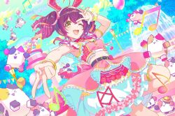 1girl ;d balloon belt black_belt blue_sky bracelet brown_hair buttons cat crop_top d4dj drill_hair fake_animal_ears fountain frilled_dress frilled_skirt frills long_hair midriff musical_note navel official_art ohnaruto_muni one_eye_closed open_mouth outdoors pink_skirt scenery skirt smile solo thigh_strap train twin_drills twintails v wink wrist_cuffs yellow_eyes
