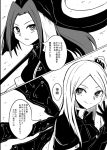  2girls bowtie comic gloves hat long_hair mima monochrome multiple_girls ne_kuro shinki staff touhou translation_request wizard_hat 