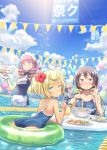  4girls apron ass black_hair blonde_hair blue_eyes blue_hair blush bow bowl breasts brown_hair chopsticks clouds drill_hair flag flower food hair_flower hair_ornament highres innertube kuinji_51go long_hair looking_at_viewer maid_headdress multiple_girls noodles ok_sign one-piece_swimsuit original pink_hair plate pool ramen red_eyes school_swimsuit short_hair sky smile swimsuit water wrist_cuffs 