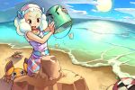  1girl beach bucket character_request clam crab hairband happy junkpuyo kamina_shades ocean red_eyes sand_castle sand_sculpture skirt sleeveless solo white_hair 