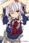  1girl braid crossed_arms dress eyelashes hands_on_head izayoi_sakuya looking_at_viewer maid maid_apron maid_headdress manyako_(mohumohu) messy_hair necktie nose red_eyes ribbon short_hair silver_hair smile solo touhou twin_braids 