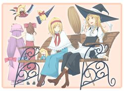  6+girls :3 alice_margatroid arm_around_shoulder back bench blonde_hair boots bow braid broom brown_hair capelet closed_eyes crescent dress flying hair_bow hakurei_reimu hat haya_kewi hourai_doll kirisame_marisa lance long_hair multiple_girls necktie open_mouth patchouli_knowledge polearm puffy_sleeves purple_hair shanghai_doll shield short_hair sitting smile touhou weapon wings yellow_eyes 