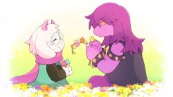  1boy 1girl animal_ears armlet black_jacket blue_flower bracelet closed_eyes colored_sclera commentary_request deltarune field flower flower_field furry furry_female furry_male glasses goat_boy goat_ears green-framed_eyewear holding holding_flower horns jacket jewelry o3o orange_flower pink_hair pink_horns purple_flower purple_hair ralsei reptile_girl round_eyewear sitting sleeveless sleeveless_jacket spiked_armlet spiked_bracelet spikes susie_(dark_world)_(deltarune) susie_(deltarune) utdr_(toby_fox) white_flower yamame_0807 yellow_flower yellow_sclera 