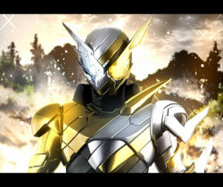  1boy animification commentary_request kamen_rider kamen_rider_build kamen_rider_build_(series) kamen_rider_build_trial_form_(rabbitdragon) letterboxed looking_at_viewer male_focus masukudo_(hamamoto_hikaru) outdoors sky solo sparkle tokusatsu upper_body 