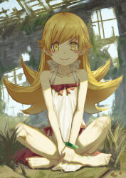  1girl absurdres bare_shoulders barefoot blonde_hair breasts closed_mouth crossed_legs dress grass highres loli long_hair monogatari_(series) oshino_shinobu sitting small_breasts smile sunlight very_long_hair white_dress yellow_eyes zuimoxian 