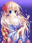  1girl arrow blonde_hair blue_eyes blush flower hair_flower hair_ornament japanese_clothes kimono long_hair open_mouth original smile solo sorai_shin&#039;ya traene_(sorai_shin&#039;ya) 