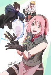  1girl 2boys :d aoda_(naruto) black_cape black_eyes black_gloves black_hair black_pants black_shirt black_shorts blonde_hair cape closed_eyes closed_mouth commentary facial_mark flak_jacket forehead_mark forehead_protector gamakichi_(naruto) gloves green_eyes hair_between_eyes haruno_sakura highres jacket katsuyu_(naruto) konohagakure_symbol long_sleeves medium_hair multiple_boys naruto_(series) naruto_shippuuden open_mouth pants pink_hair rinnegan sakulove_sssk shirt short_hair shorts slug smile snake spiky_hair teeth toad_(animal) twitter_username uchiha_sasuke untranslatable_commentary uzumaki_naruto violet_eyes whisker_markings white_shirt 
