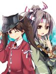  2girls amano_kouki brown_eyes brown_hair headband japanese_clothes kantai_collection looking_at_viewer multiple_girls open_mouth personification ponytail ryuujou_(kantai_collection) smile twintails visor_cap wink zuihou_(kantai_collection) 