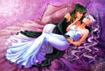  2girls artist_name bare_shoulders bed bishoujo_senshi_sailor_moon choker cloveras crescent double_bun dress earrings elbow_gloves facial_mark forehead_mark gloves green_dress green_hair hand_on_another&#039;s_cheek hand_on_another&#039;s_face jewelry long_dress long_hair lying meiou_setsuna multiple_girls pillow pink_eyes pink_hair princess_pluto queen_serenity red_eyes very_long_hair white_dress yuri 