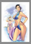  2girls :d ahoge black_eyes black_hair blonde_hair border braid breasts brown_eyes bun_cover cammy_white chun-li cleavage clouds earrings hand_on_hip highres homare_(fool&#039;s_art) innertube jewelry large_breasts long_hair multiple_girls navel open_mouth shading_eyes short_hair sky sling_bikini smile street_fighter swimsuit twin_braids very_long_hair wading water 