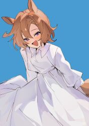  1girl amano_(amano_miko) animal_ears blush dress hair_between_eyes highres horse_ears horse_girl horse_tail long_sleeves looking_at_viewer open_clothes orange_hair orange_tail short_hair sitting smile solo t.m._opera_o_(umamusume) tail umamusume violet_eyes white_dress 